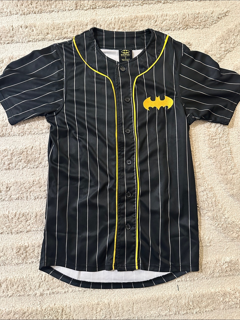 Batman Baseball Black Pinstripe Button-Up Shirt with Yellow Trim Size SMALL